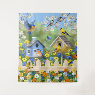 Tapiz Bluebirds Goldfinches Birdhouses Flower Garden