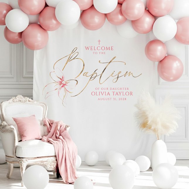 Tapiz Blush Pink Bow Girl Baptism Photo Backdrop Welcome (Pink Bow Baptism Photo Backdrop Tapestry)