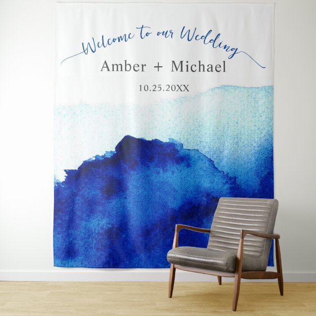 Tapiz Boda Azul Índigo Aquarela Escritura Moderna (In situ)