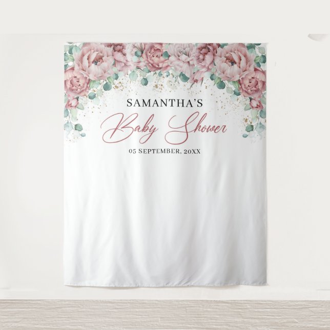 Tapiz Boda bohemio rosas rosadas eucalipto dorado baby s (Anverso)