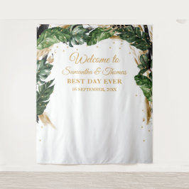 Tapiz Boda bohemio tropical hojas floral oro