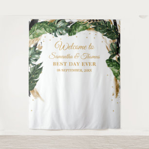 Tapiz Boda bohemio tropical hojas floral oro