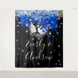 Tapiz Boda Boho de árbol de hojas del corazón azul