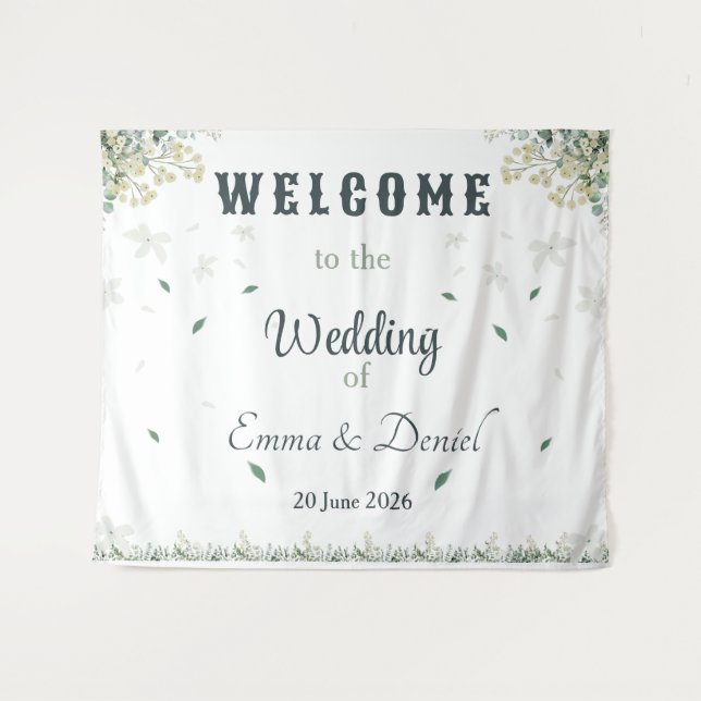 Tapiz Boda botánica de eucalipto y flores blancas (Anverso (horizontal))