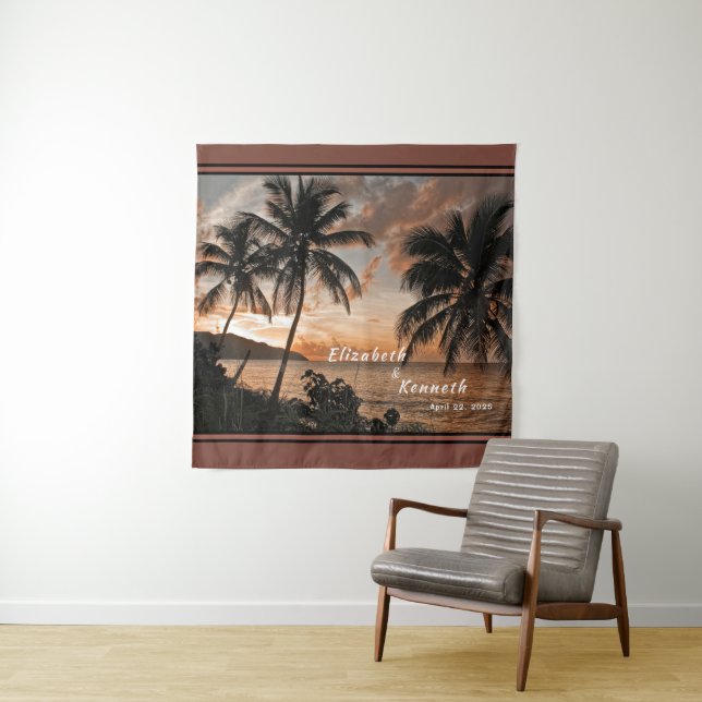 Tapiz Boda Bride Groom Personalizado Tropical Sunset (In situ)
