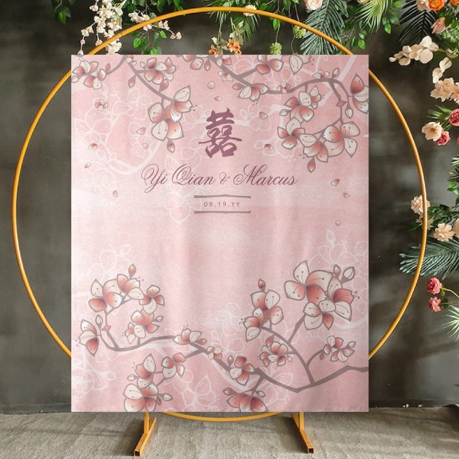 Tapiz Boda chino de color rosa con fondo fotográfico (Pink Peach Blossoms Double Happiness, Chinese Wedding Photo Backdrop Tapestry @ fatfatin_red_knot)