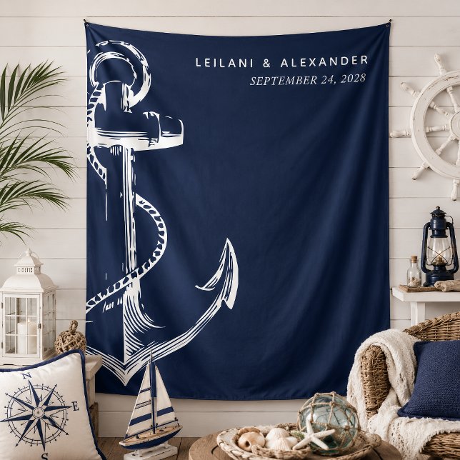 Tapiz Boda con Ancla Náutica (Nautical anchor wedding backdrop that is modern and simple for a classic beach reception.)