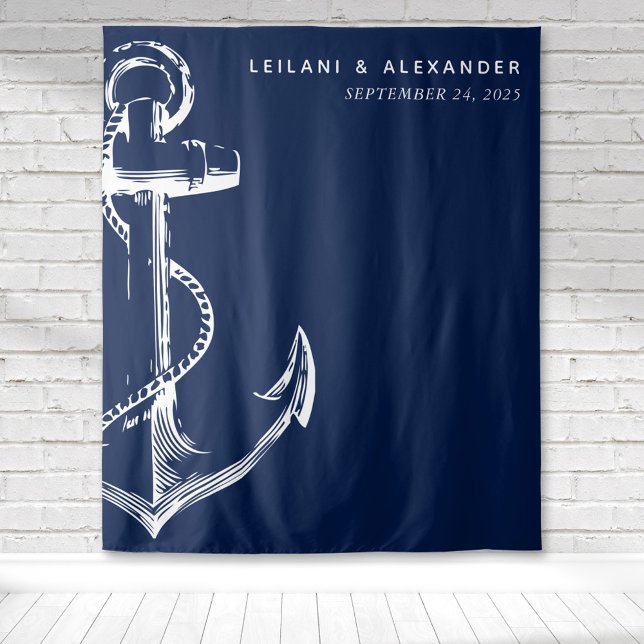 Tapiz Boda con Ancla Náutica (Nautical anchor wedding backdrop that is modern and simple for a classic beach reception.)