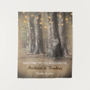 Tapiz Boda con Luces de Cuerda y Árbol Rústico