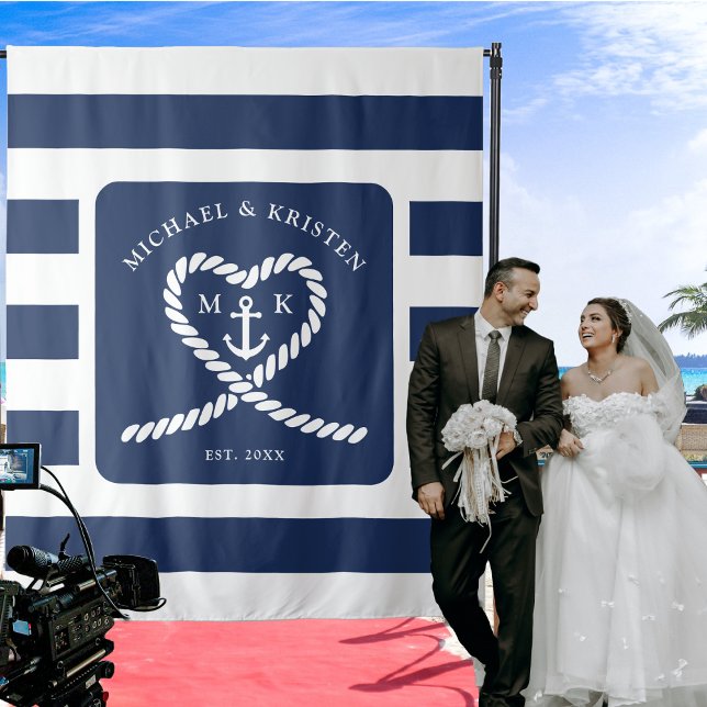 Tapiz Boda de Anclaje del Corazón de Rope Azul Náutico (Nautical Blue Striped Rope Heart Anchor Wedding Tapestry)