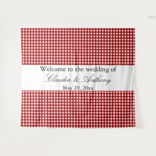Tapiz Boda de Barbeque con Patrón de Gingham Rojo y Blan (Anverso (horizontal))