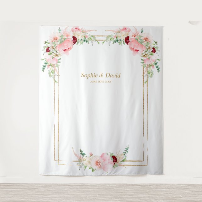 Tapiz Boda de Booth Fotográfico Rosa Rubor Peonies Gold  (Anverso)