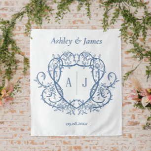 Tapiz Boda de Cresta de Monograma de Acero Azul Rosa Div