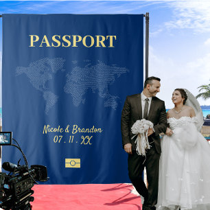 Tapiz Boda de destino de pasaporte azul y amarillo