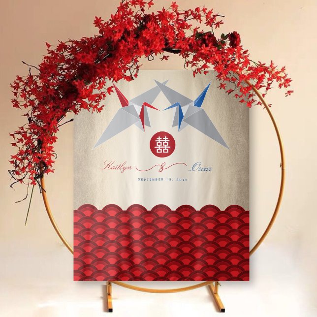 Tapiz Boda de doble felicidad de grullas de papel rojo y (Red & Blue Paper Cranes Double Happiness Chinese Wedding Backdrop Tapestry @ fatfatin_red_knot)