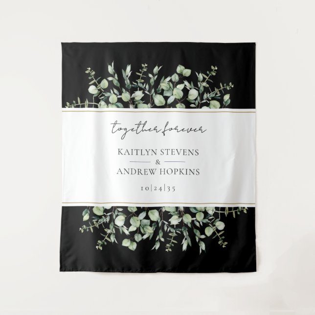 Tapiz Boda de eucalipto negro juntos para siempre