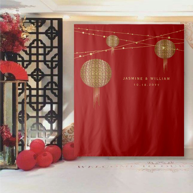 Tapiz Boda de farolillos de doble felicidad Fondo de fot (Double Happiness Golden Lanterns Chinese Wedding Photo Backdrop Tapestry @ fatfatin_red_knot)