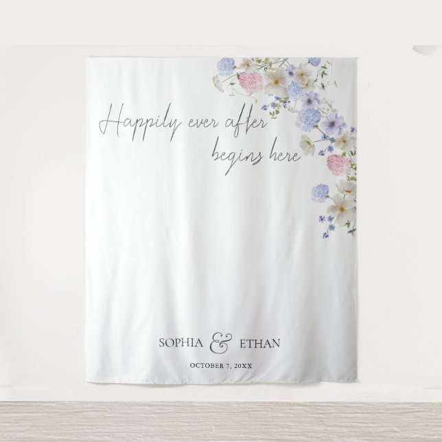 Tapiz Boda de flores silvestres moradas rosadas en prima (Anverso)