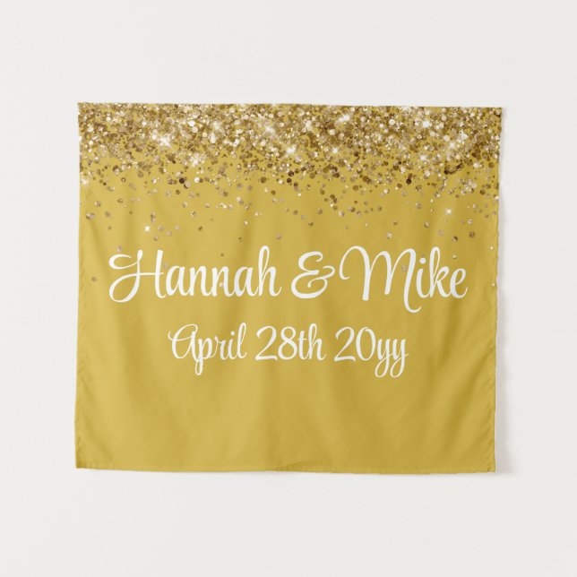 Tapiz Boda de fondo blanco y dorado personalizado (Anverso (horizontal))