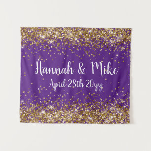 Tapiz Boda de fondo morado y dorado personalizado