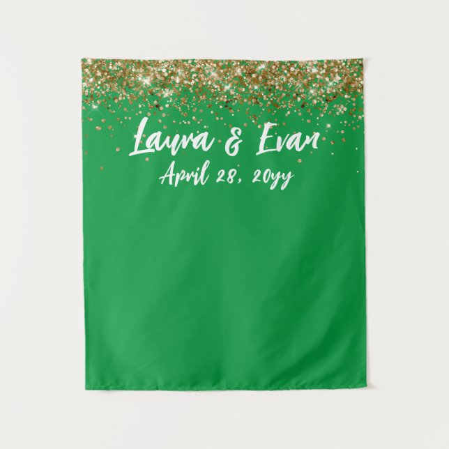 Tapiz Boda de fondo personalizado Foto Verde y Oro (Anverso)