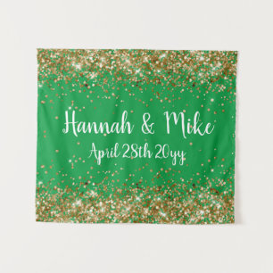 Tapiz Boda de fondo verde y oro personalizado