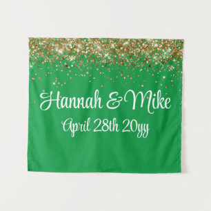 Tapiz Boda de fondo verde y oro personalizado