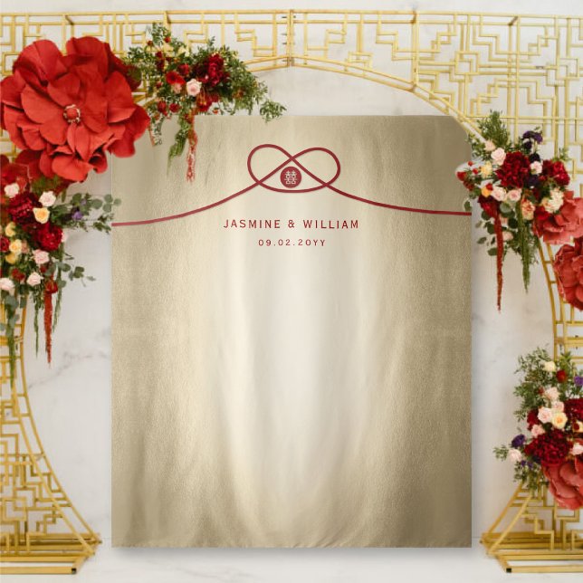 Tapiz Boda de la doble felicidad del nudo rojo - fondo d (Red Knot on Gold Double Happiness Chinese Wedding Photo Backdrop Tapestry @ fatfatin_red_knot)