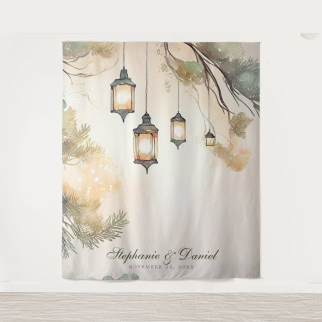 Tapiz Boda de luces botánicas de árbol rústico (Anverso)