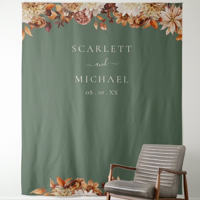 Tapiz Boda de otoño verde (Sage Green Fall Floral Wedding Tapestry by Painted Paperie
)