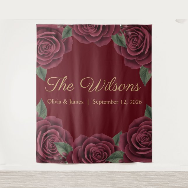 Tapiz Boda de Romance Oscuro con Rosa Roja Borgoña (Anverso)