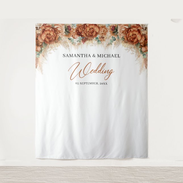 Tapiz Boda de terracota boho floral cobre hierba pampas (Anverso)