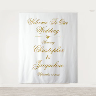 Tapiz Boda Elegant White & Gold Script Names Moda