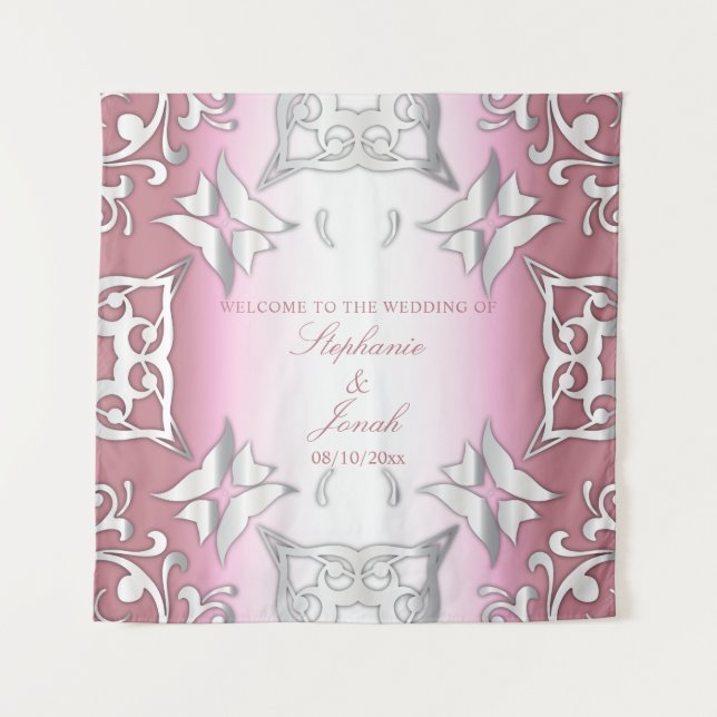 Tapiz Boda elegante vintage rosa y plata (Anverso)