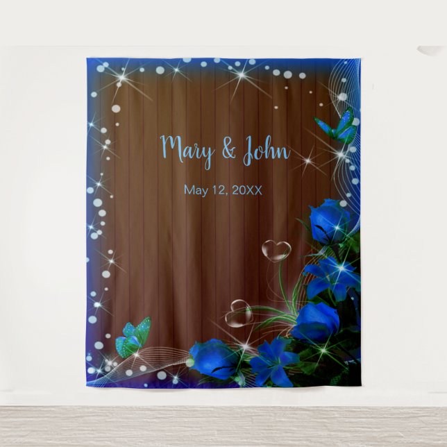 Tapiz Boda floral azul rustico de madera oscura (Anverso)