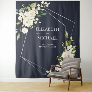Tapiz Boda floral blanca azul marino geométrica plateada