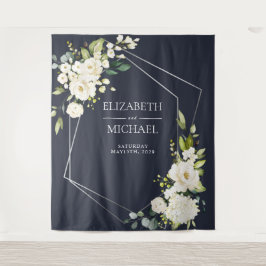 Tapiz Boda floral blanca azul marino geométrica plateada