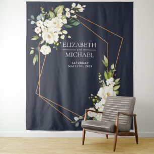 Tapiz Boda Floral Blanco Azul Geométrico de Cobre