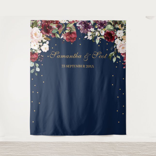 Tapiz Boda floral boho burgundy rosa rubor Navy (Anverso)