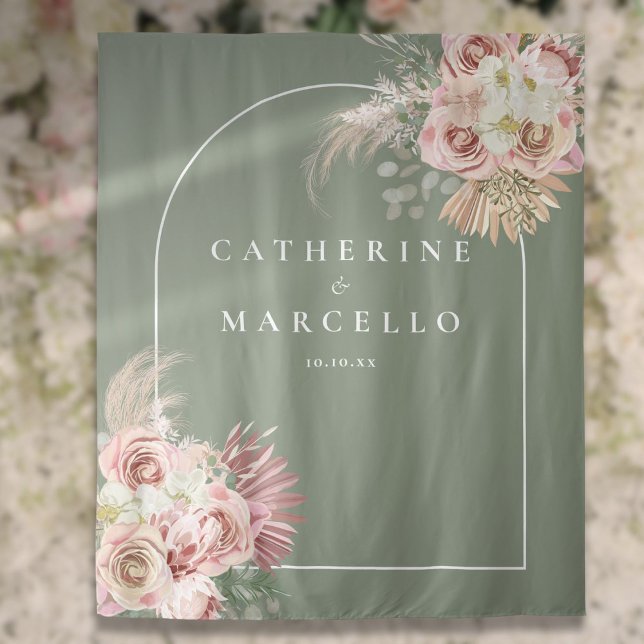 Tapiz Boda floral de hierba de Pampas Boho verde salvia  (Sage Green Boho Pampas Grass Floral Wedding Tapestry)