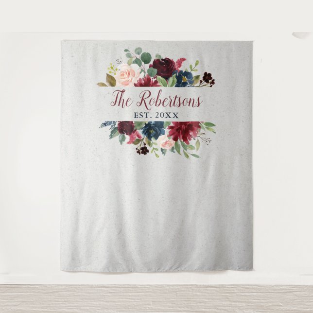 Tapiz Boda Floral de Marsala y Azul Marino Personalizada (Anverso)