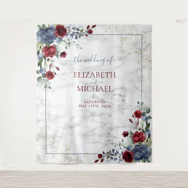 Tapiz Boda Floral Dorado Burgundy Azul Polvoriento Claro (Anverso)