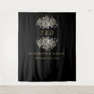 Tapiz Boda Floral Monograma Goth de Oro Negro