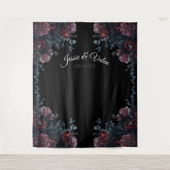 Tapiz Boda floral oscura gótica negra elegante (Anverso)