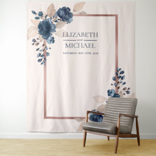 Tapiz Boda floral rosa oro azul marino rosa polvoriento