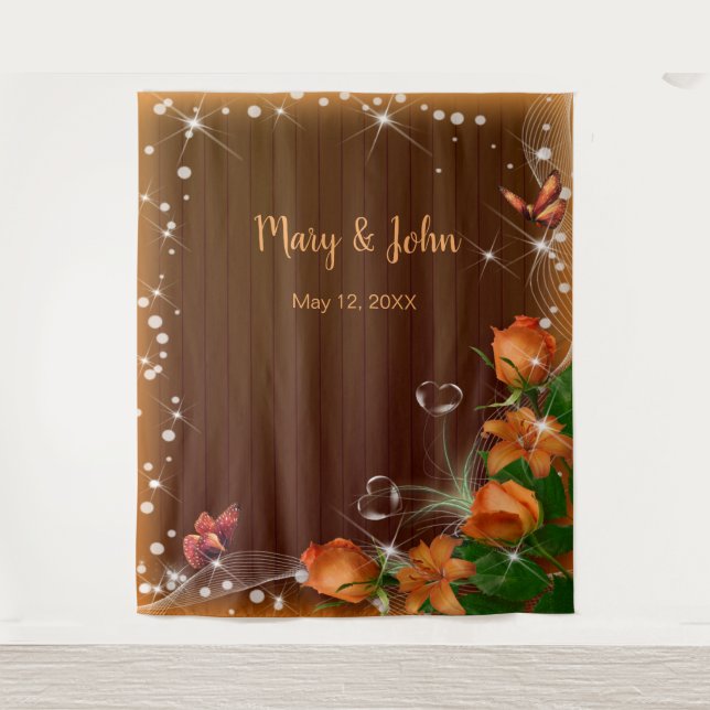 Tapiz Boda floral Rústico Naranja de Madera Oscura (Anverso)