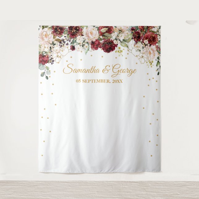 Tapiz Boda floral verde dorado borgoña Boho Blush (Anverso)