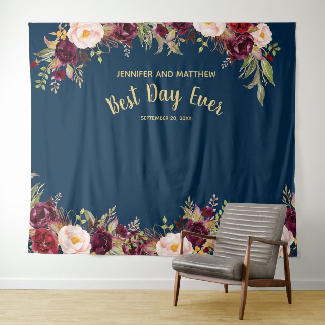 Tapiz Boda Foto Booth Burgundy Floral Navy Gold (In situ (horizontal))