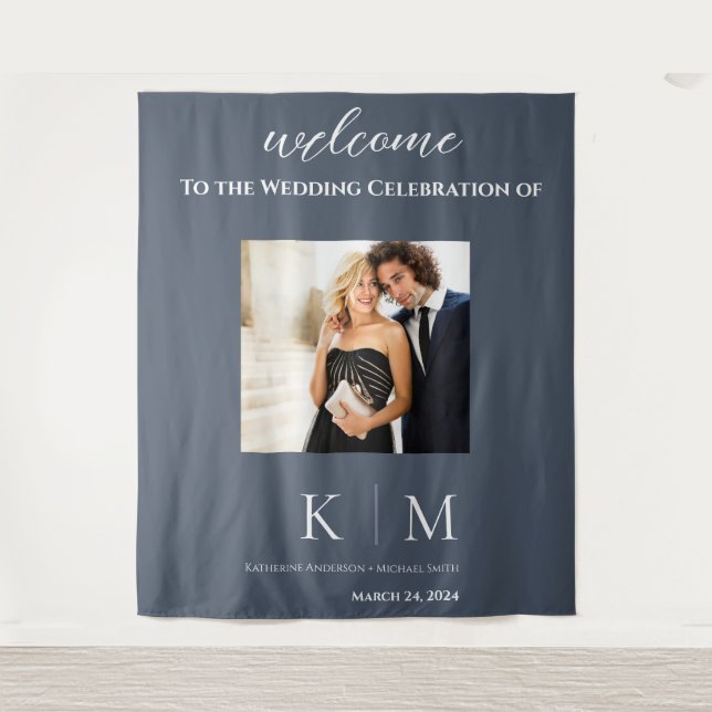 Tapiz Boda fotográfico azul y blanco- (Anverso)