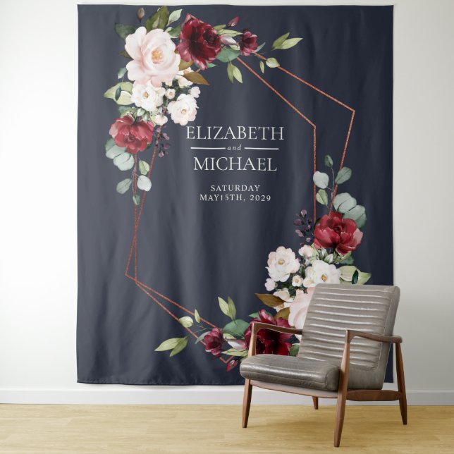 Tapiz Boda Geométrica de Cobre Burgundy Azul Marino (In situ)